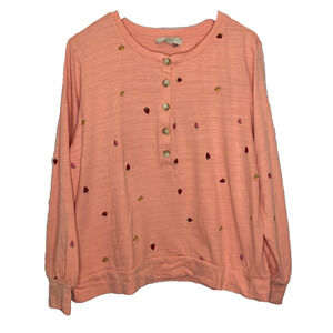 Women's XL Loft Peach Fruit Embroidered Henley Long Sleeve Cotton Shirt